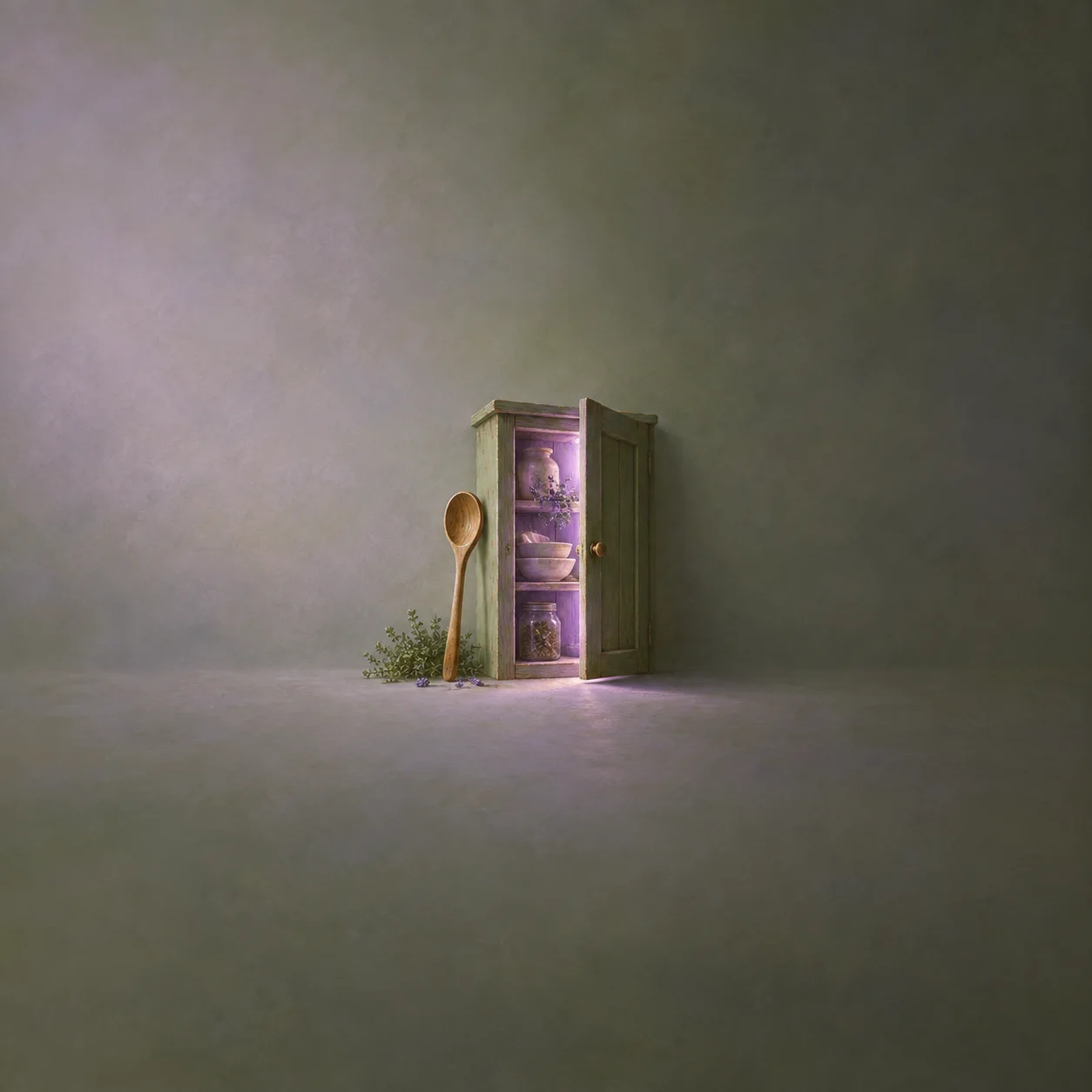 A wooden spoon leans beside a partly open cupboard with jars lit by a purple glow.