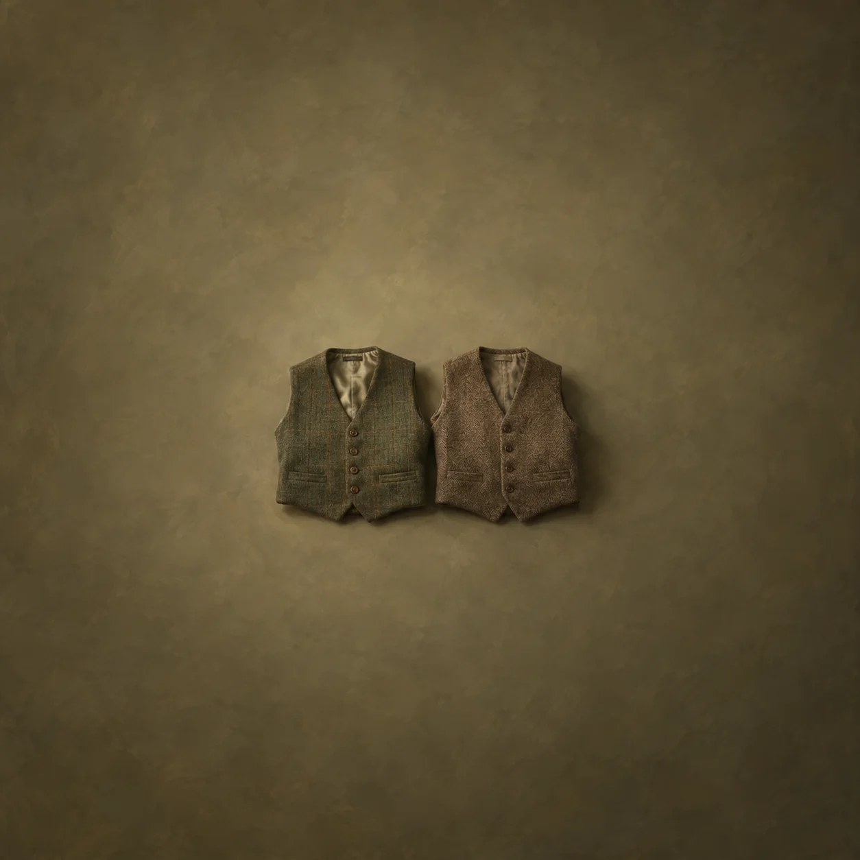 Painterly two buttoned waistcoats, one olive and one brown, side by side against muted olive.