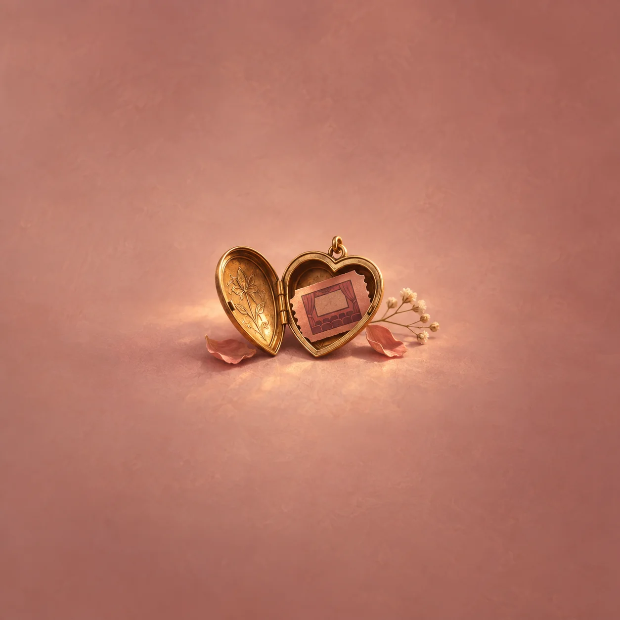 Painterly open heart-shaped gold locket holding a small pink ticket beside petals and pale flowers.