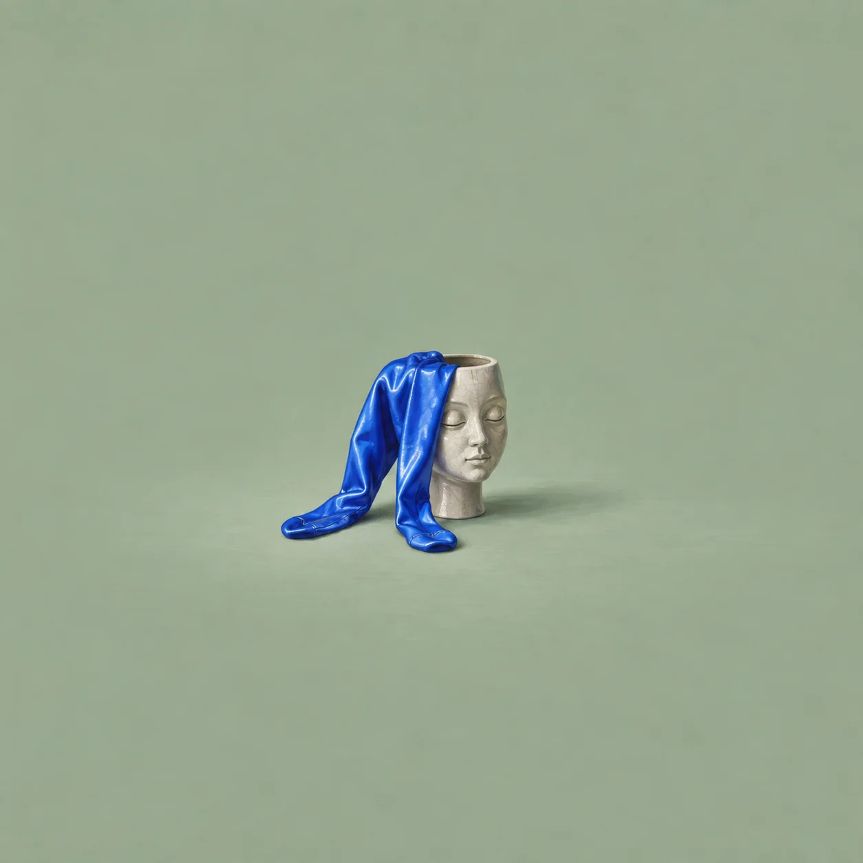 Shiny blue tights hang over a hollow ceramic head-shaped vase against a green background.