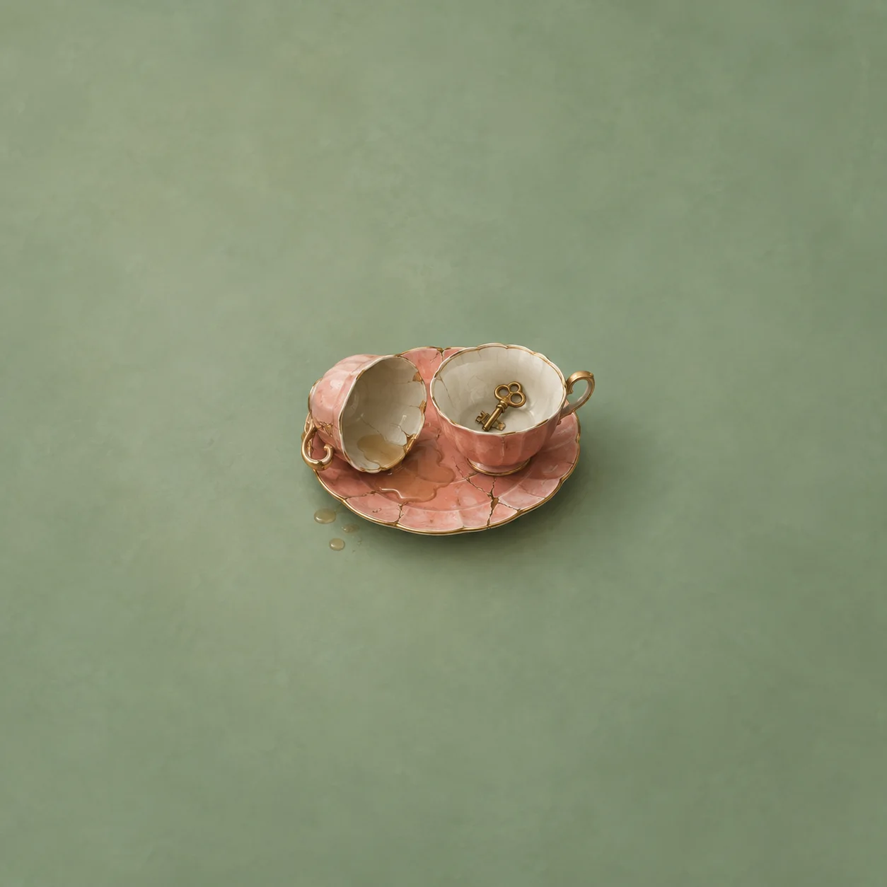 Two pink-and-white teacups rest on a cracked saucer, one tipped and the other holding a brass key.