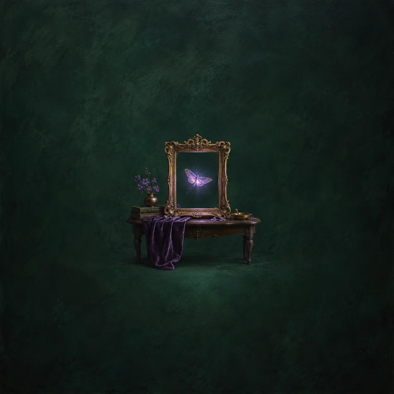 An ornate frame containing a glowing violet moth stands on a small table draped with purple fabric against dark green.