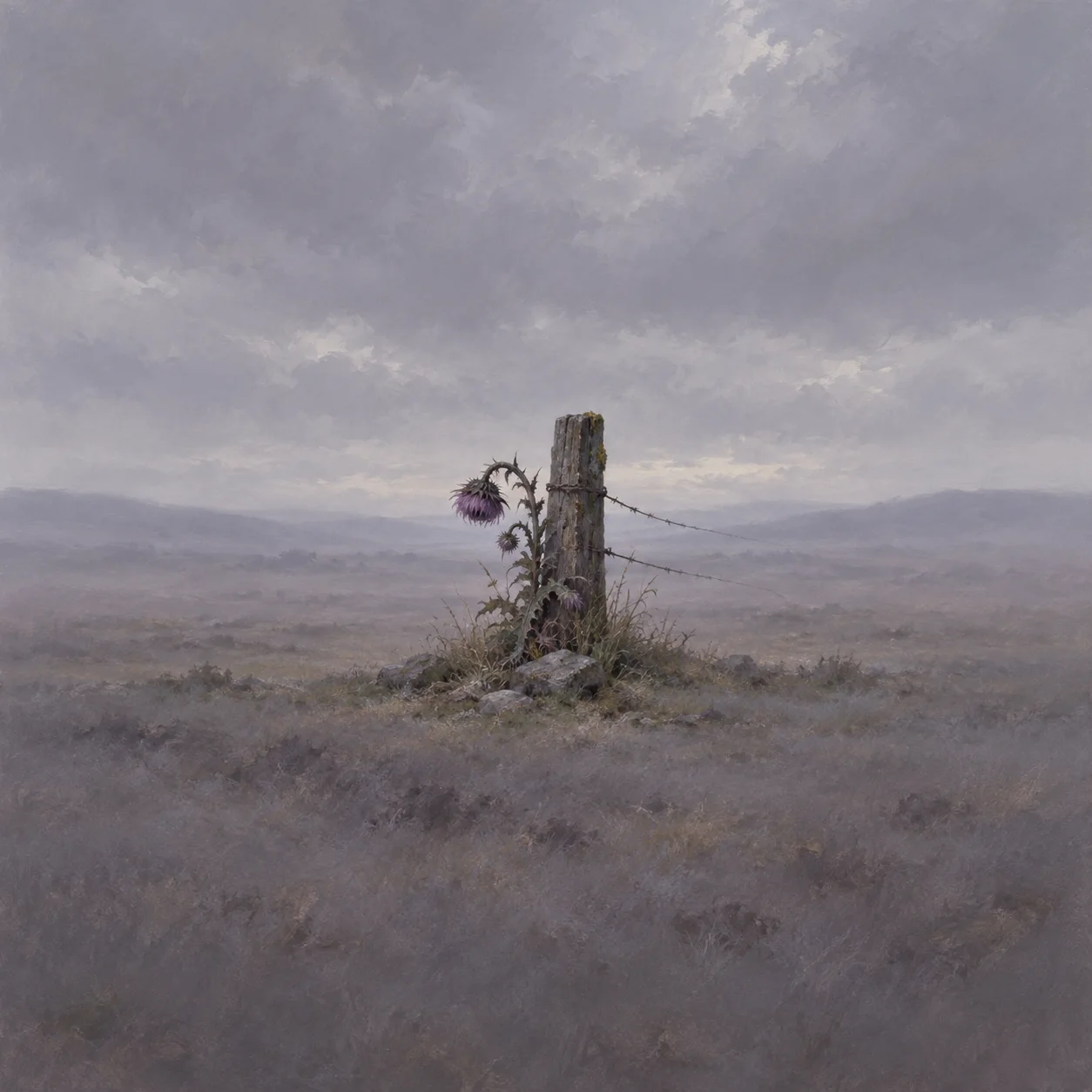 A drooping purple thistle leans beside a weathered wooden post in a misty grey field.