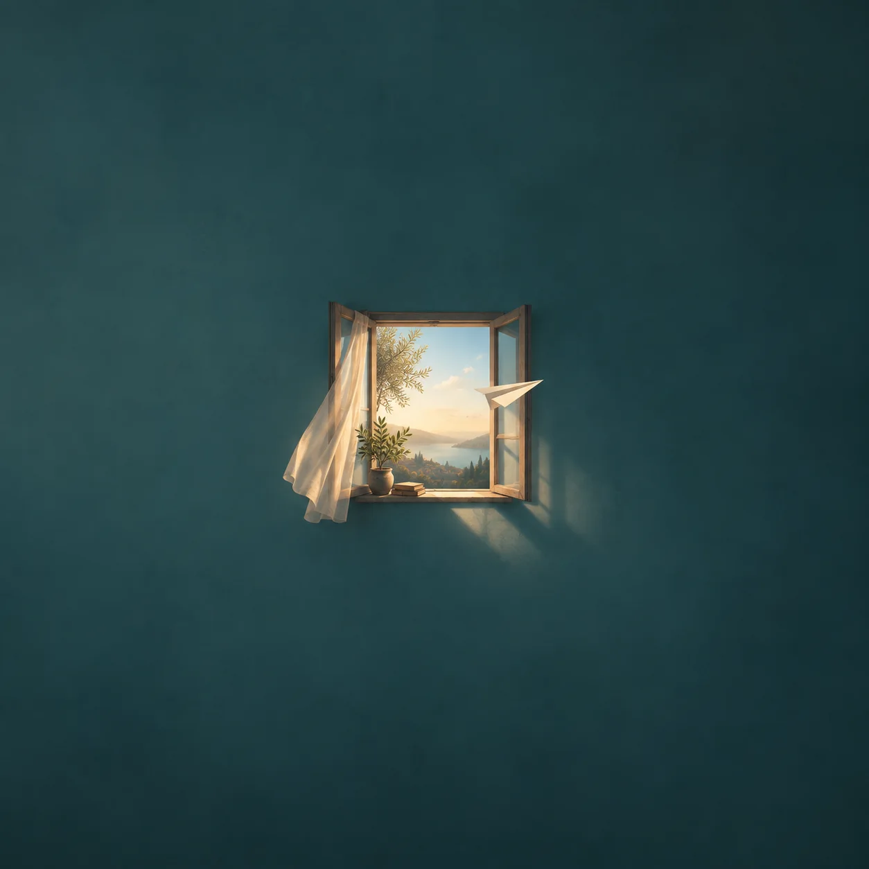 Painterly paper aeroplane floating beside an open window with pale curtains in a teal wall.