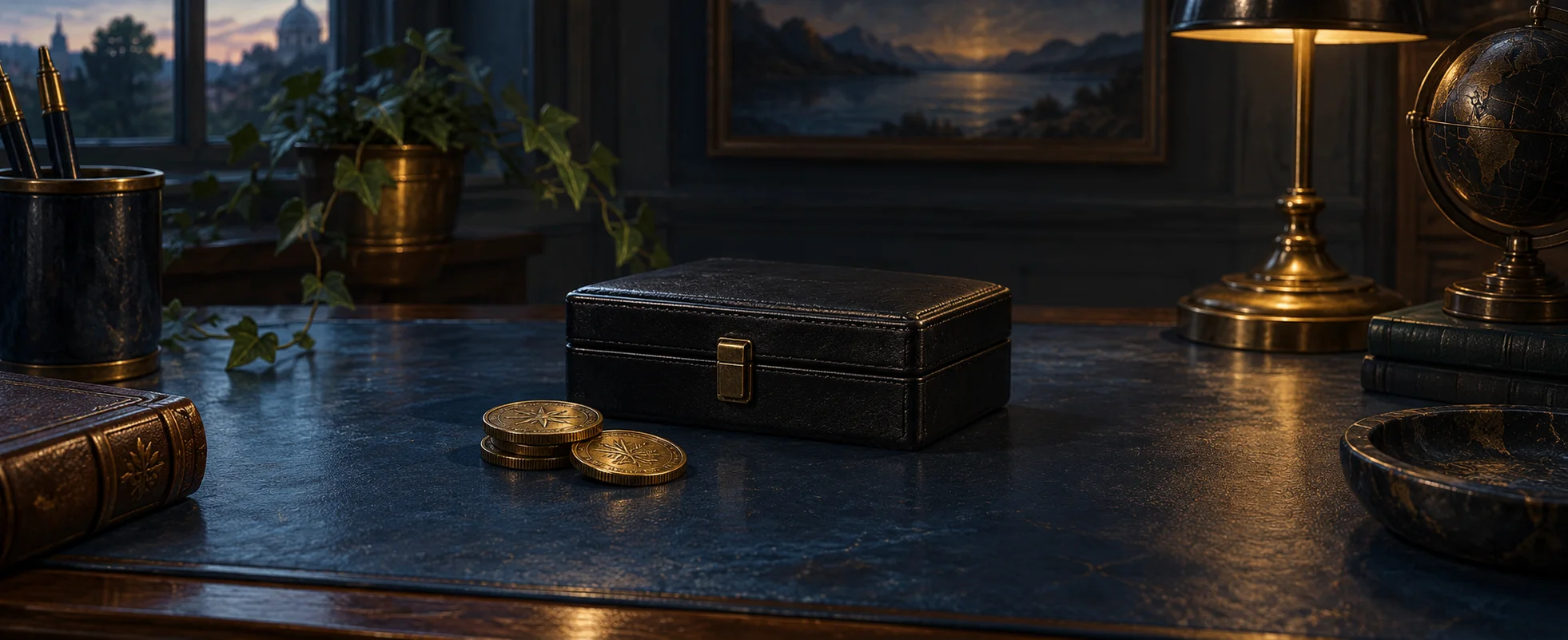 A few brass coins lie beside a closed black case on a shadowed blue office desk.