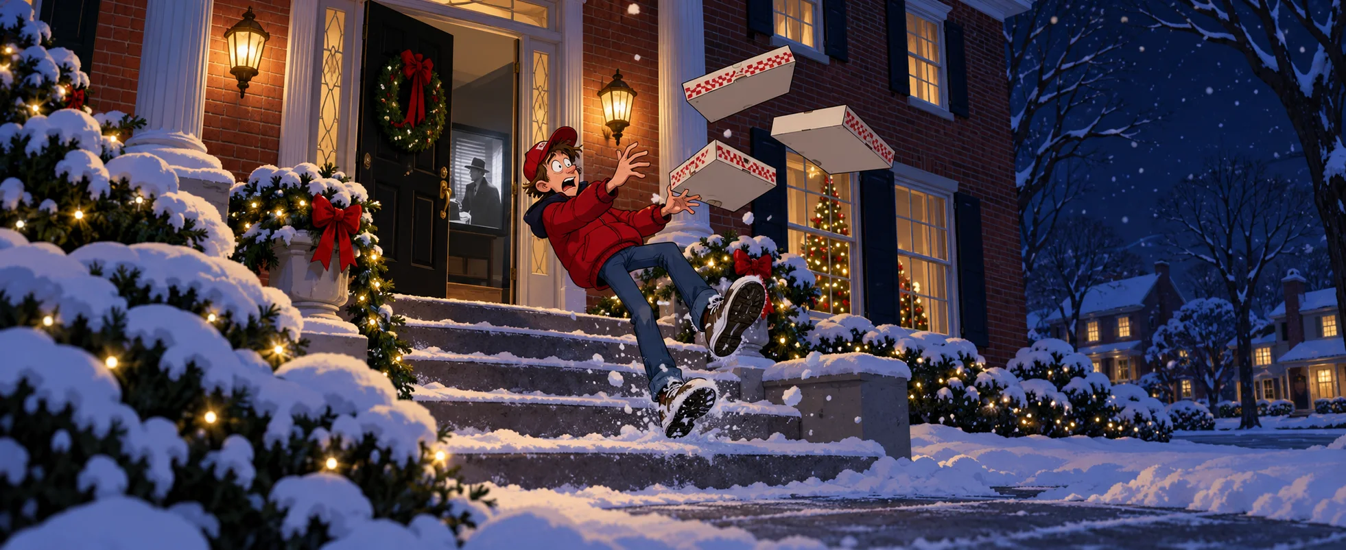 On the snowy steps of a brick house strung with Christmas lights, a teenage pizza delivery boy in a red cap stumbles backward in terror, pizza boxes flying from his hands.