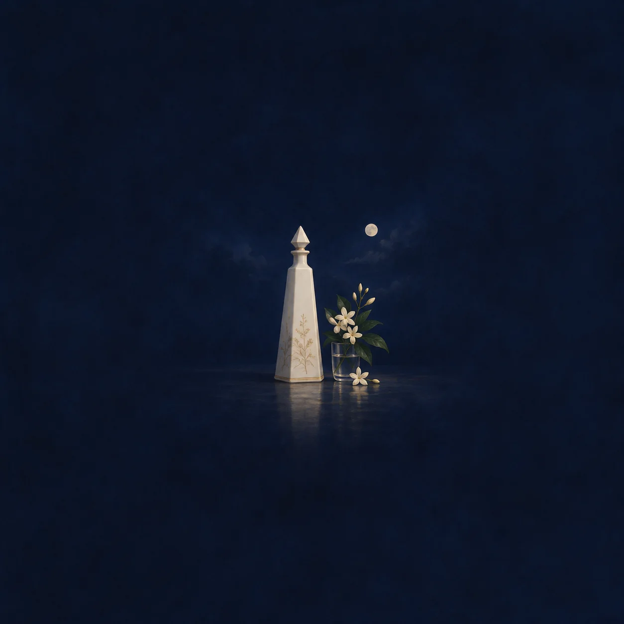 A tall white obelisk-shaped bottle beside a glass of white flowers beneath a small pale moon against a deep blue background.