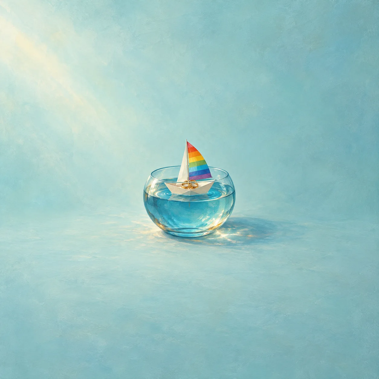 A toy sailboat with a rainbow-striped sail and two gold rings floating in a blue glass bowl.
