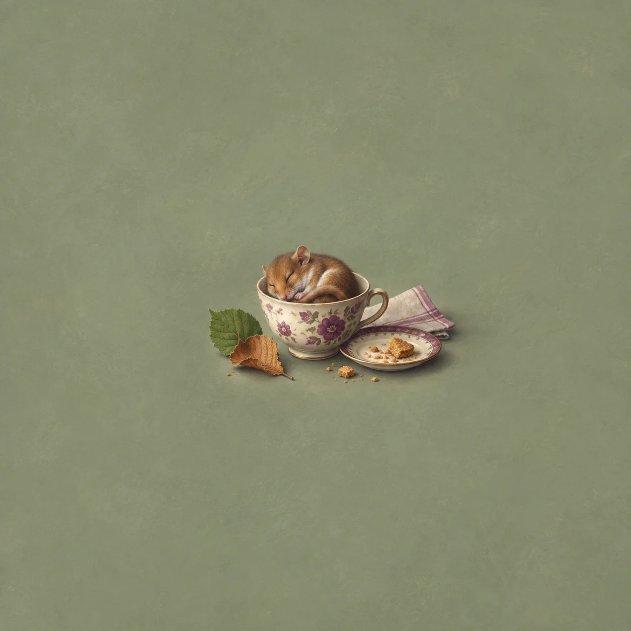A sleeping dormouse curled in a floral teacup beside green and dried leaves, a plate of biscuit pieces and a folded napkin.