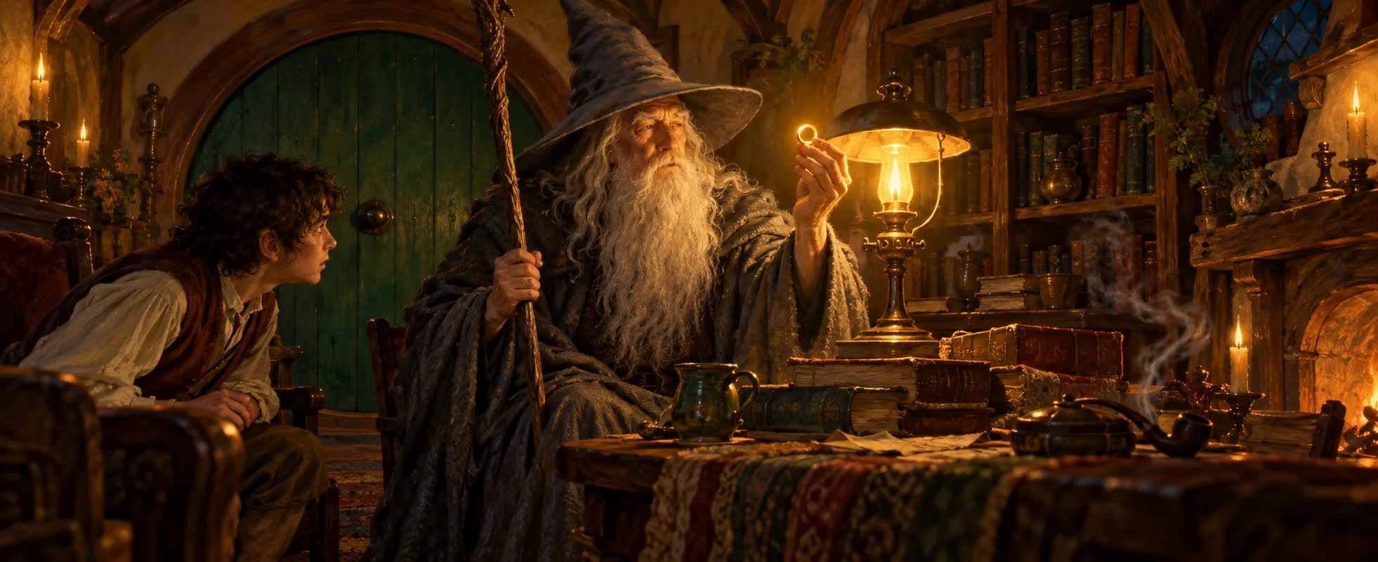 In a candlelit hobbit study, an old wizard with a long white beard holds up a small gold ring to the lamp as a young hobbit leans in to look.