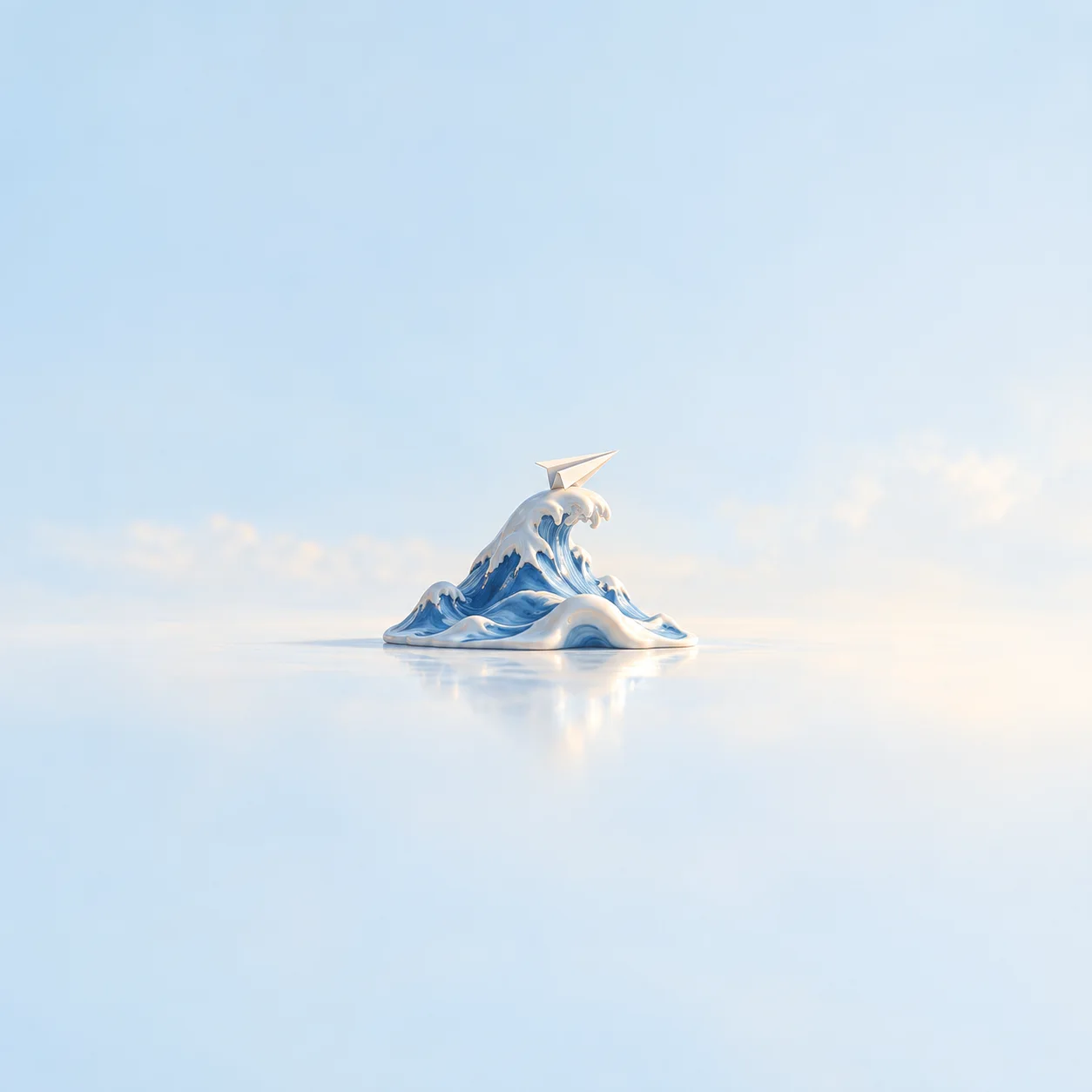 A tiny paper aeroplane rests on the crest of a glossy blue and white wave-shaped sculpture.