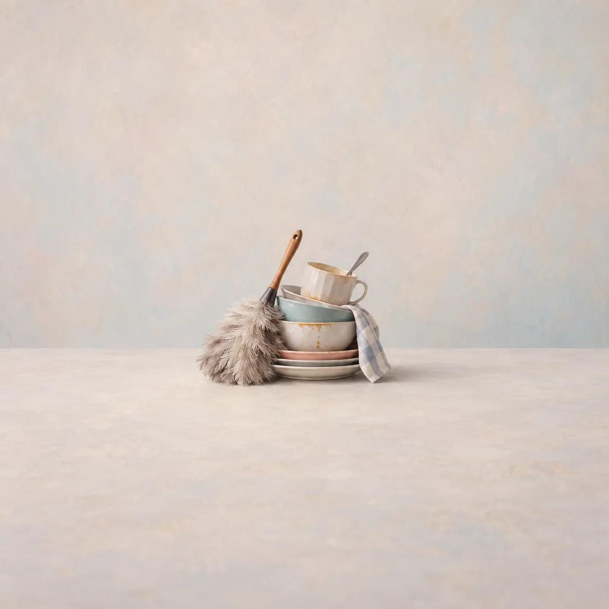A pale feather duster leans against stacked dishes and cups beside a striped cloth on a light counter.