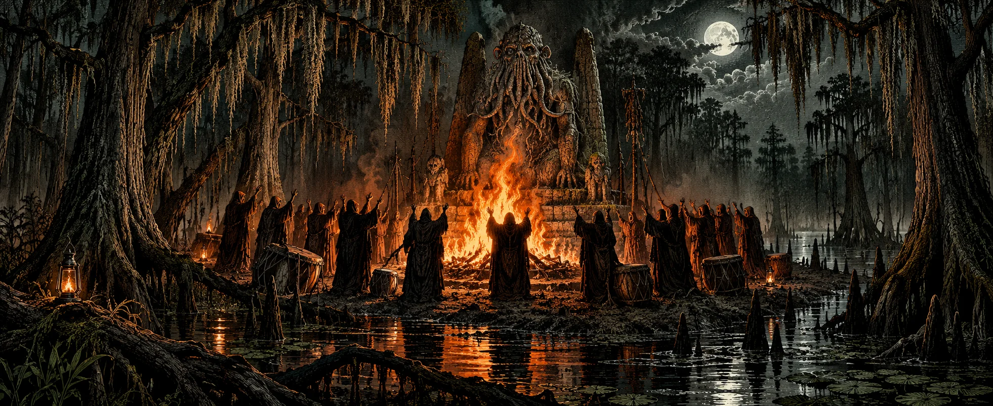 Hooded cultists chant around a bonfire and a monstrous idol in a moonlit swamp of cypress trees and hanging moss.