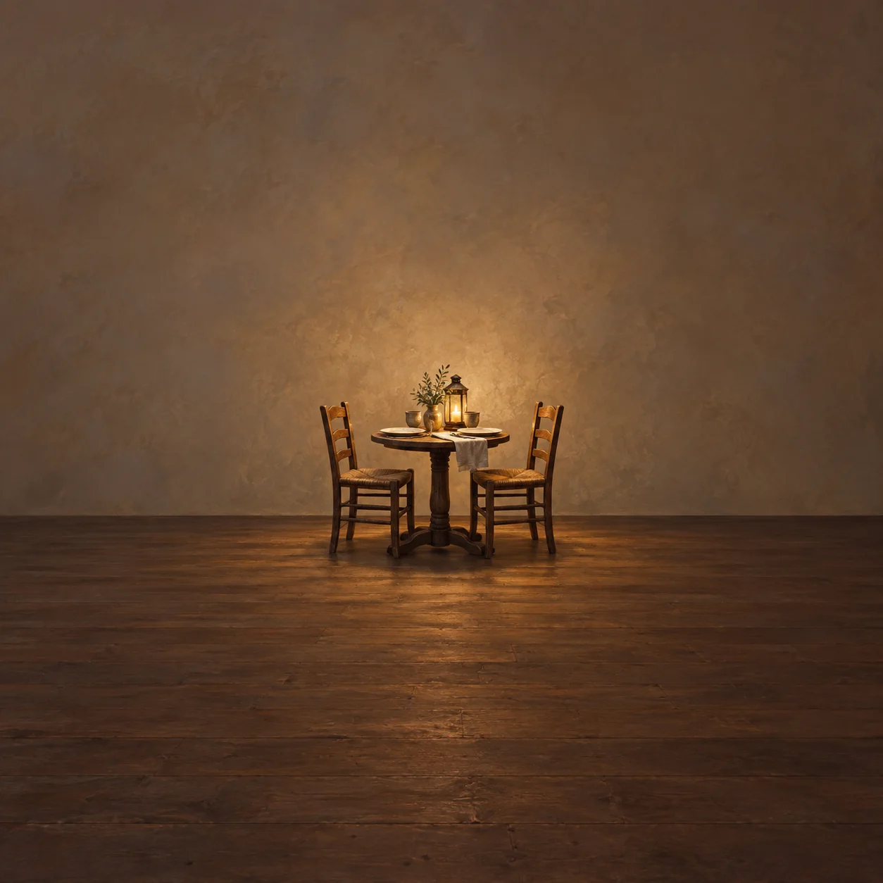 Two wooden chairs face a small round table set with plates and a glowing lantern in a warm, dim room.