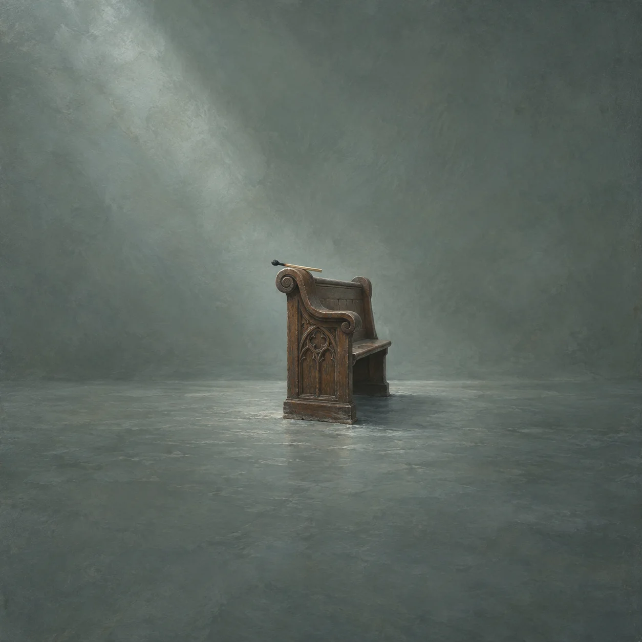 A small carved wooden pew stands against a blue-gray background, with a slender spent match resting across its top.