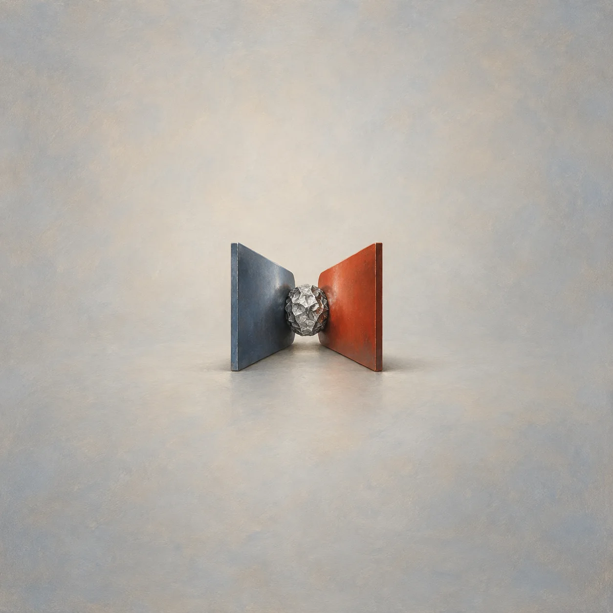A crumpled silver foil ball is wedged between upright blue-grey and rust-red metal panels.