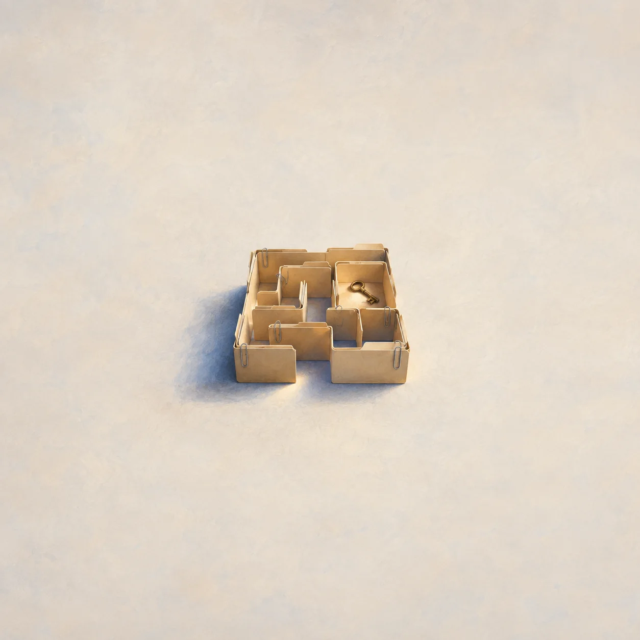 A small maze made from folded tan folders and paperclips contains a brass key against a pale background.