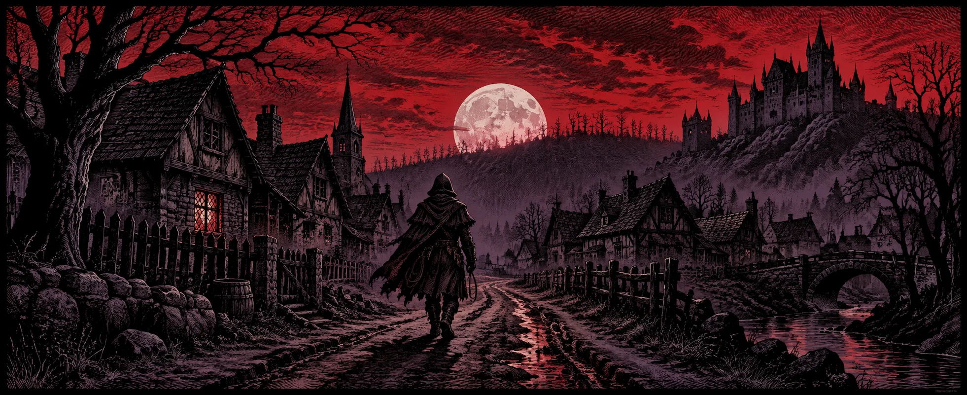 A cloaked traveller walks a village street at night under a blood-red moon.