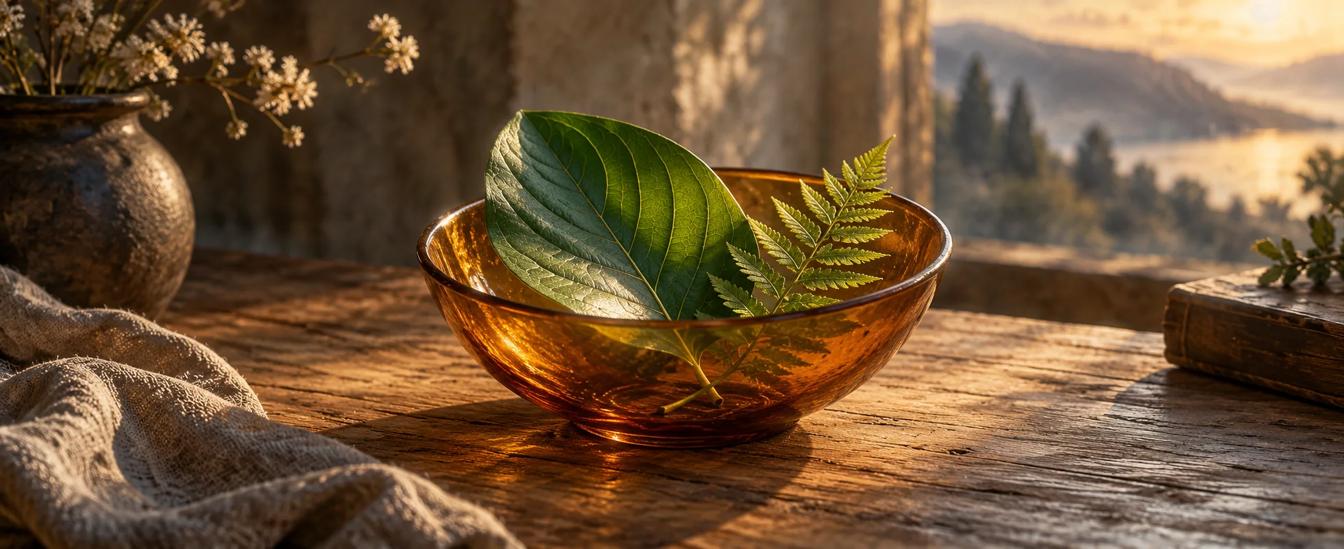 A broad green leaf and a fern frond rest together in a plain amber bowl on warm wood.