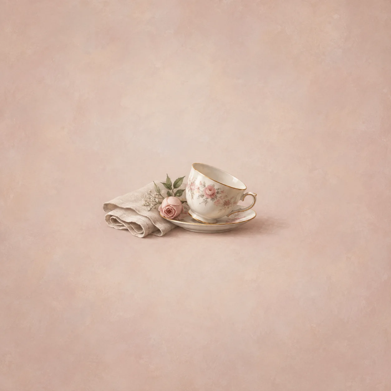 Painterly tilted floral teacup on a saucer beside folded linen and a pink rose.