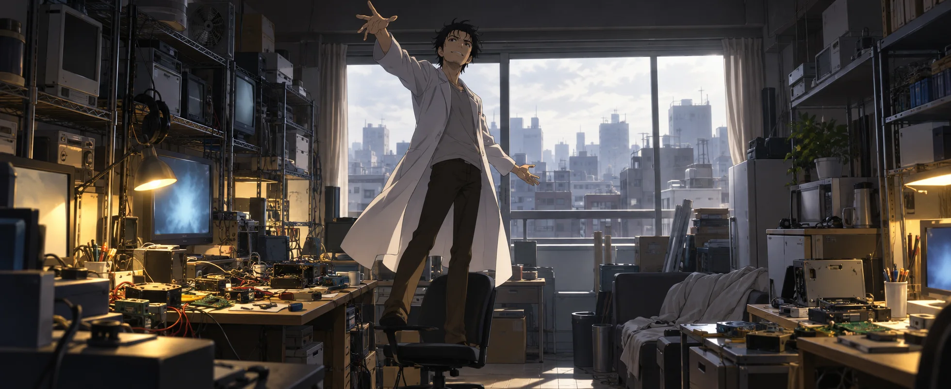 A young man in a white lab coat strikes a theatrical pose on a chair in a cluttered lab apartment full of wires and monitors, Tokyo rooftops outside.