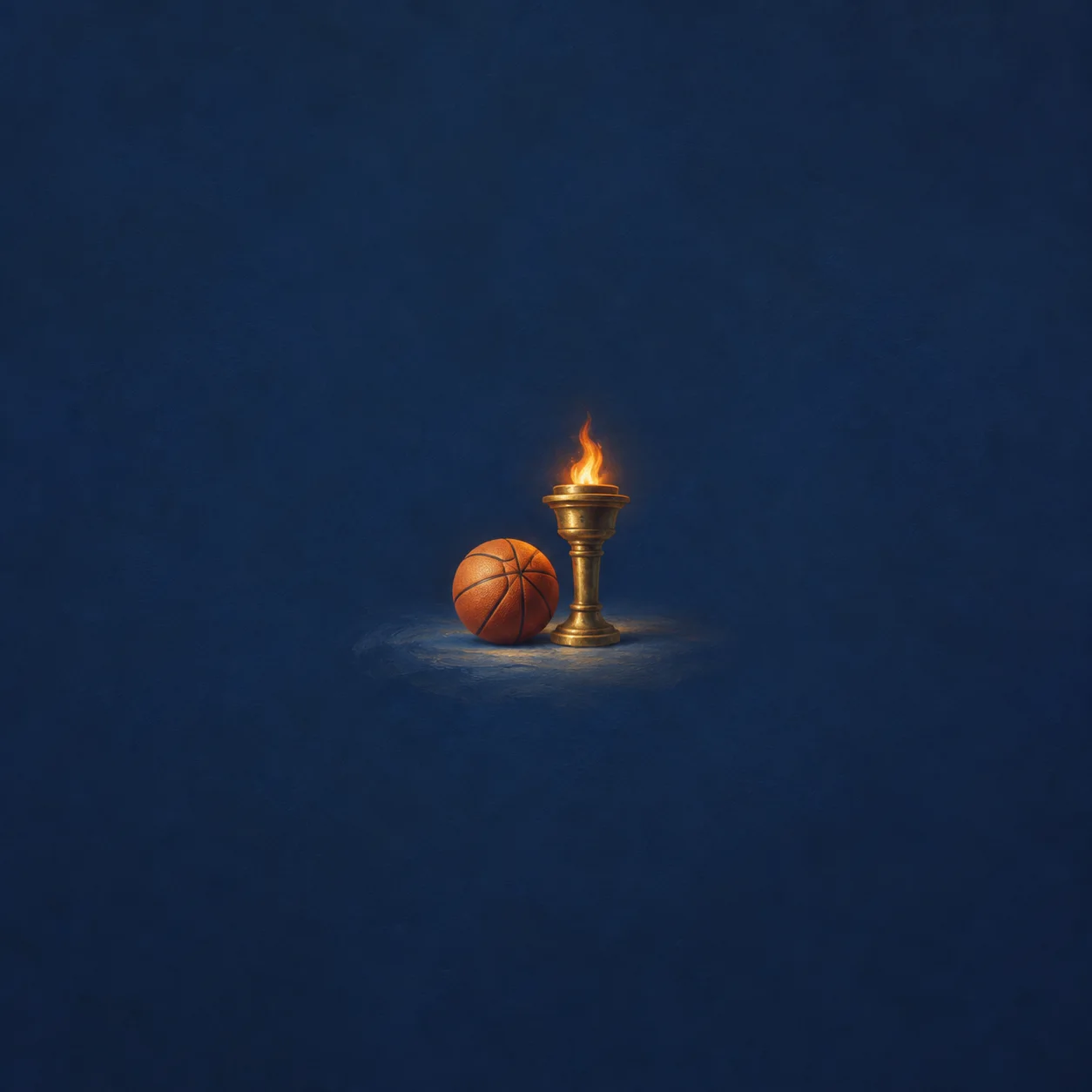 An orange basketball rests beside a small burning brass torch against deep blue.