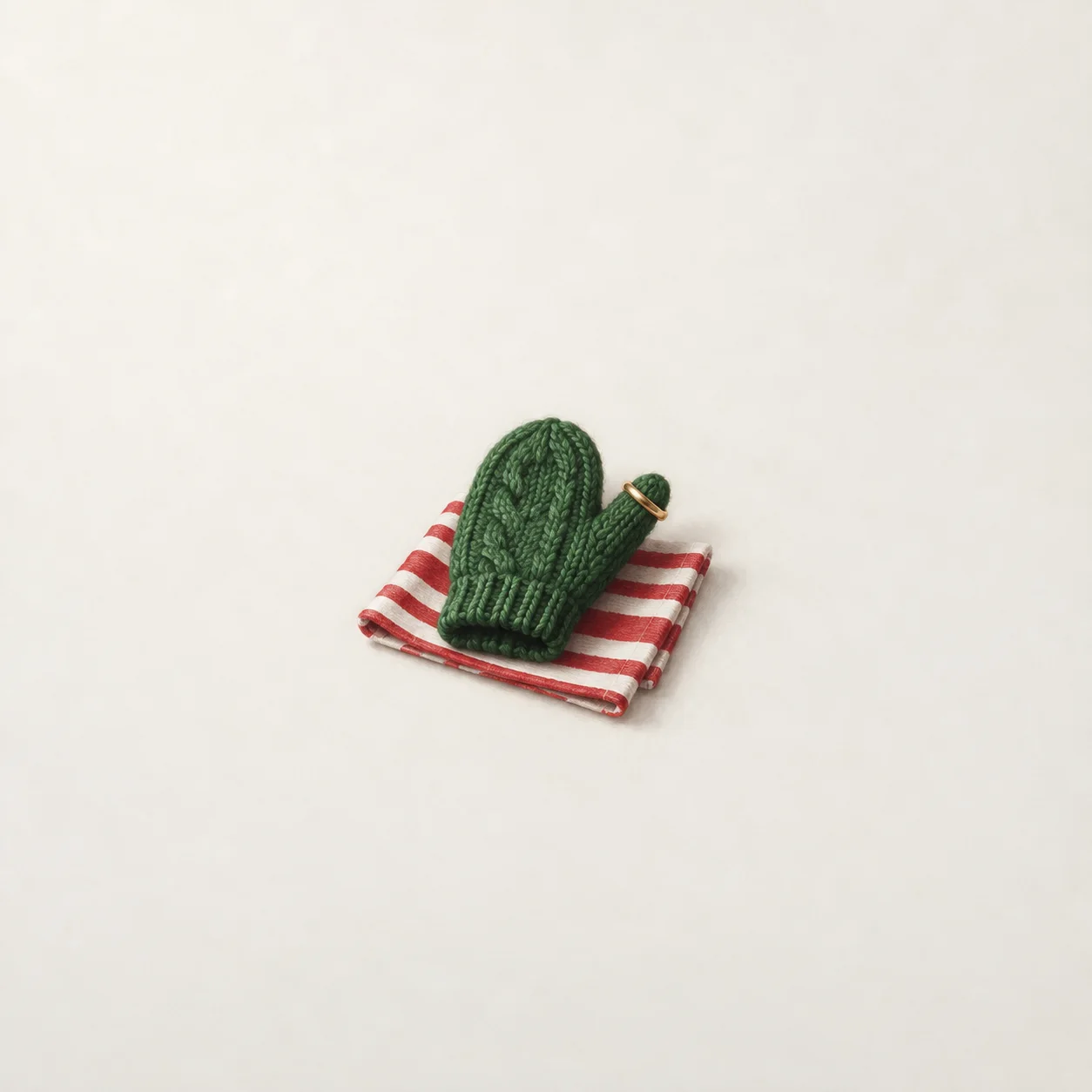 A green knitted mitten with a gold ring around its thumb resting on a red-and-white striped cloth.