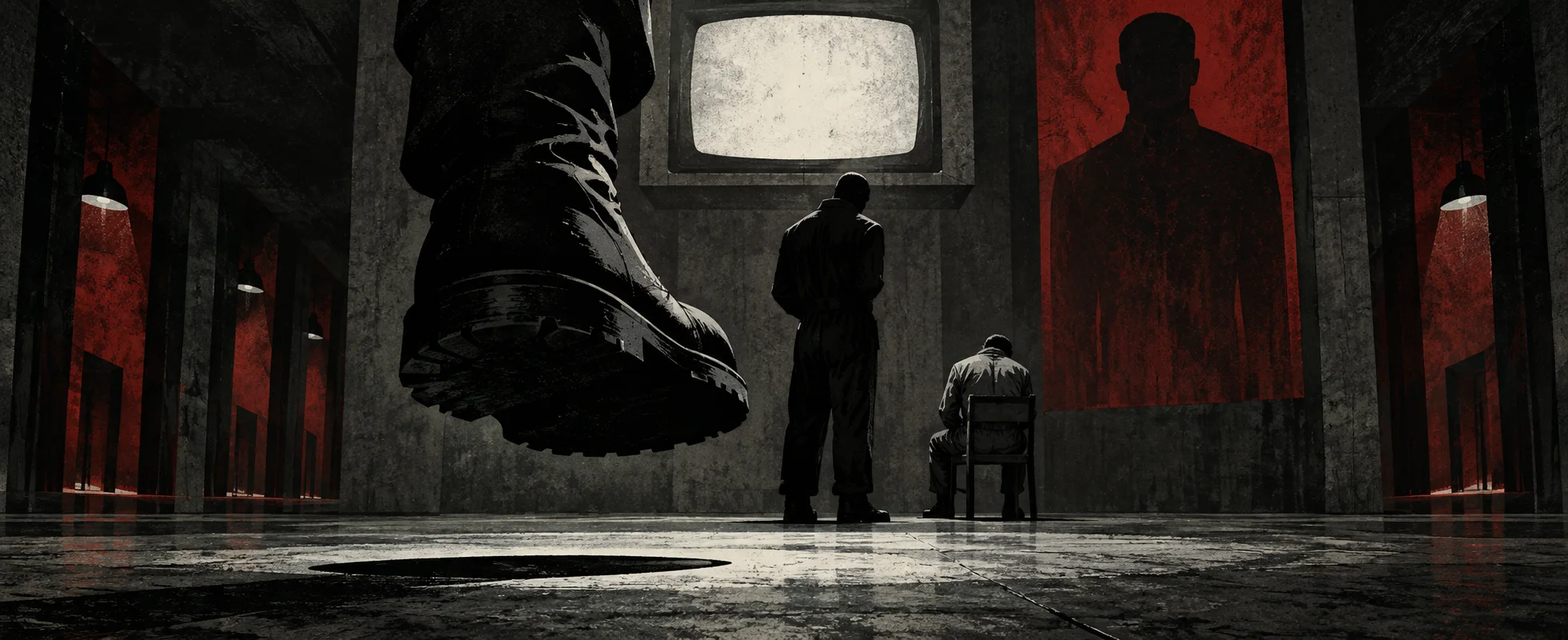 A huge boot looms in the foreground of a stark grey Ministry room where a prisoner sits before a standing official, a telescreen glowing on the wall.