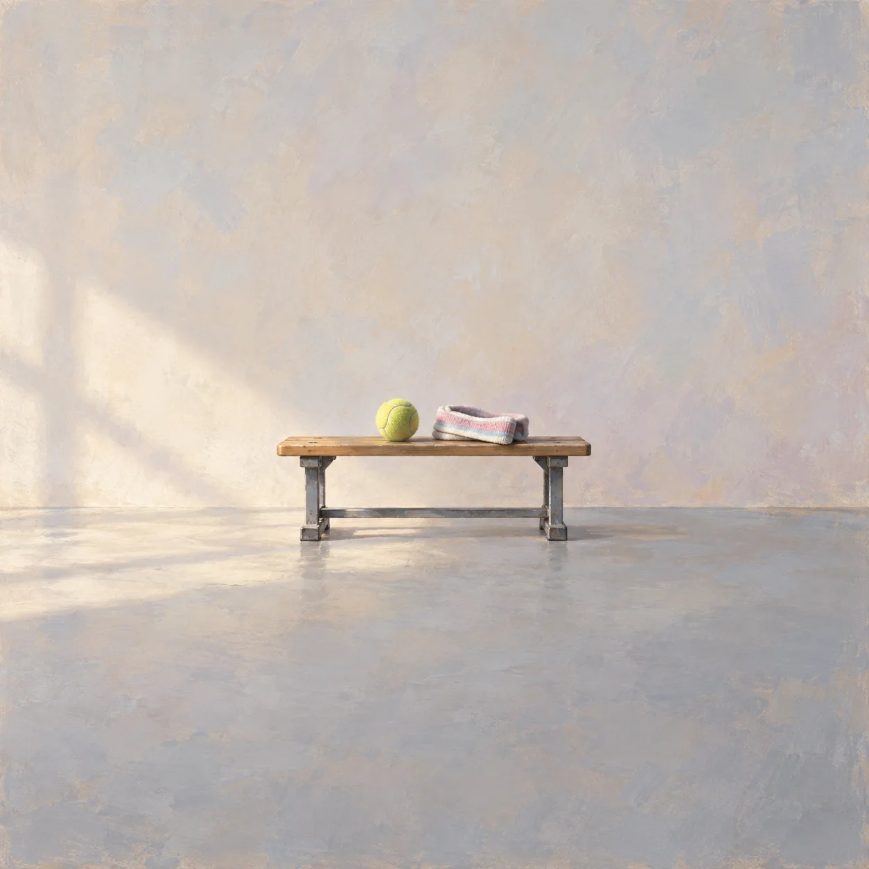 A yellow tennis ball and folded pastel headband rest on a small wooden bench in a softly lit room.