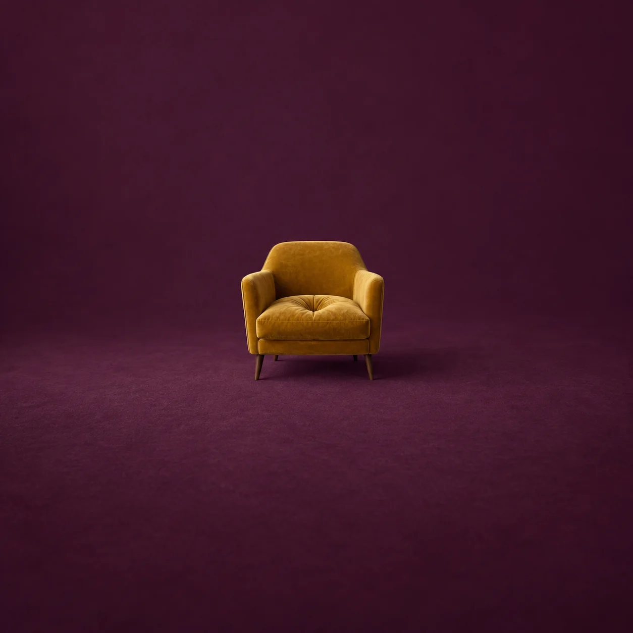 A mustard-yellow armchair with a deep central seat dimple stands against plum.