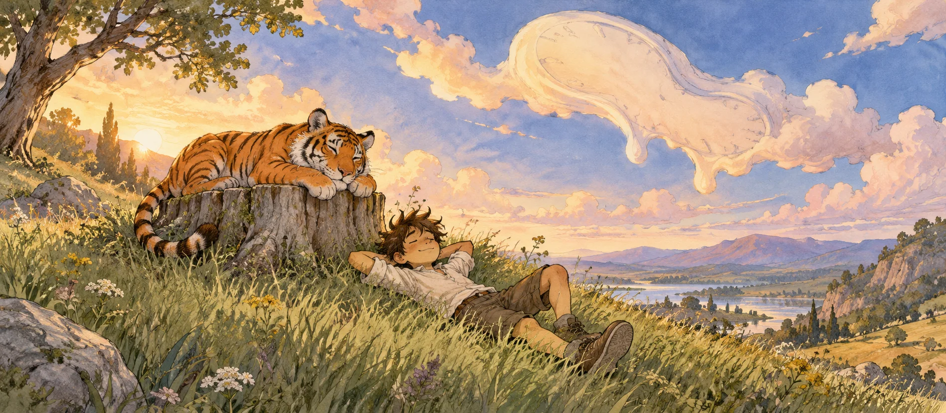 A boy and a tiger lie on a grassy hillside at sunset, watching a strangely shaped cloud drift overhead.