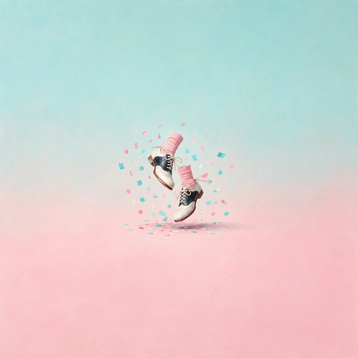 Two black-and-white shoes with pink socks lift above scattered pastel confetti against pink and turquoise.