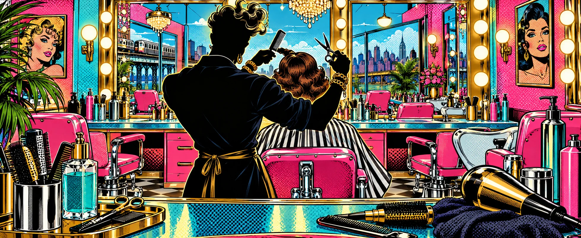 A hairdresser with dark curly hair styles a client's hair in a bright pink pop-art salon lined with mirrors and lights.
