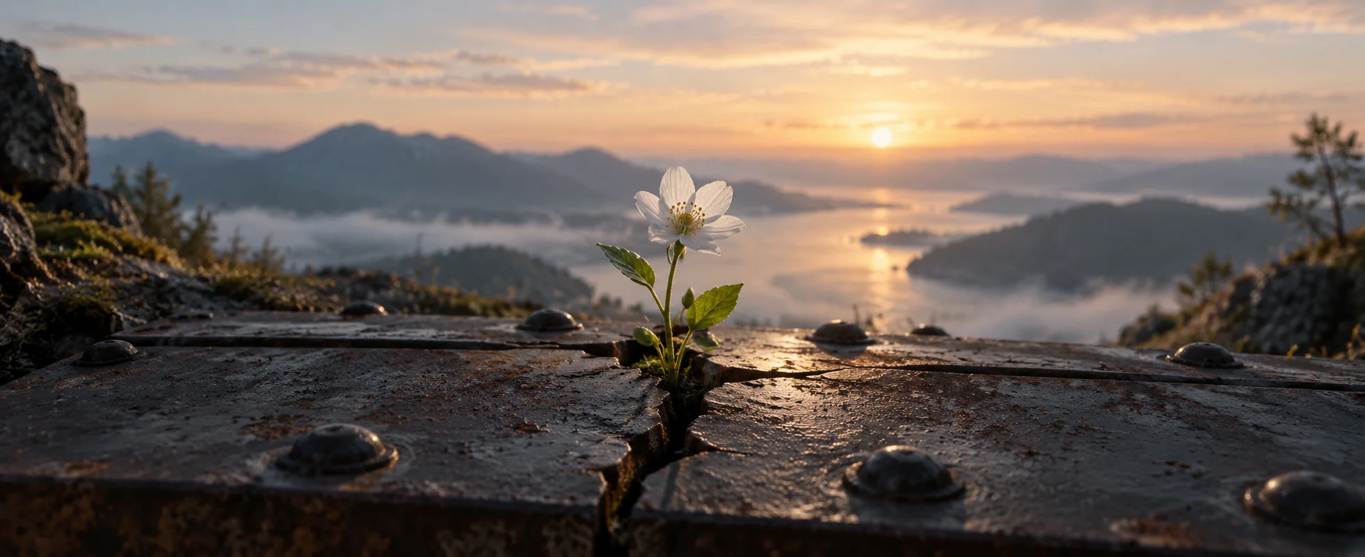 A small white flower grows through a cracked dark metal plate beneath pale dawn light.