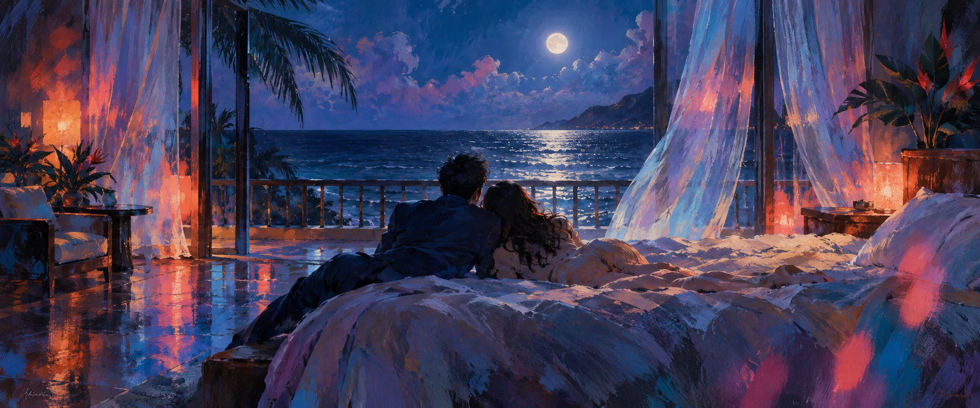Two people lie close together on a hotel bed by billowing curtains, the moonlit Hawaiian sea beyond, streaks of colour drifting.
