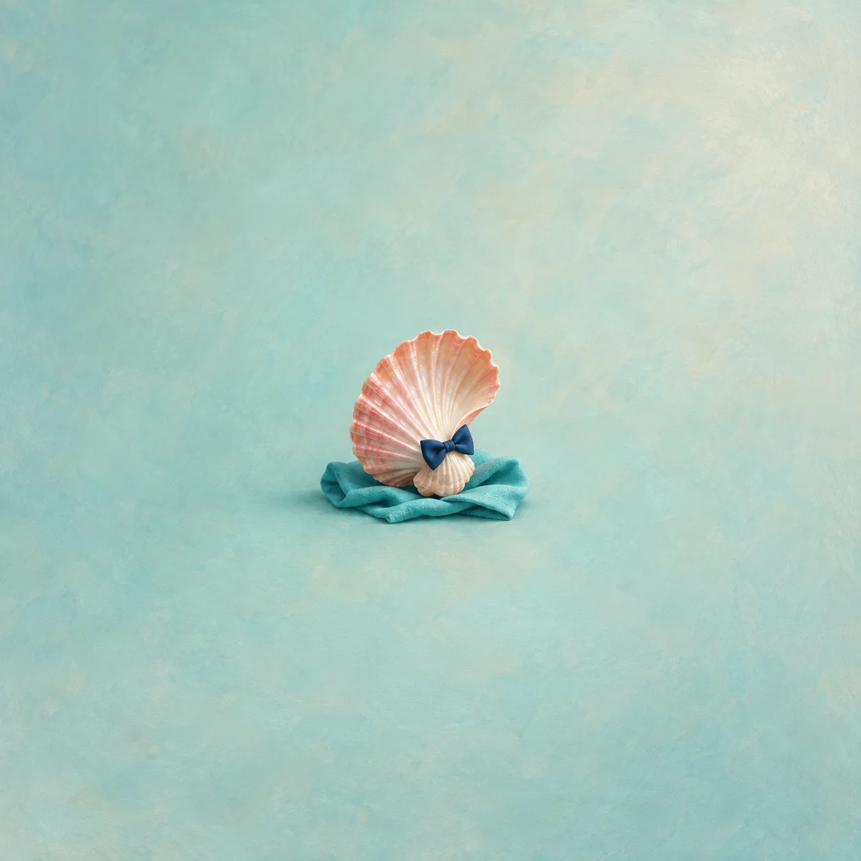 A pink scallop shell wears a navy bow tie while resting on folded turquoise cloth.