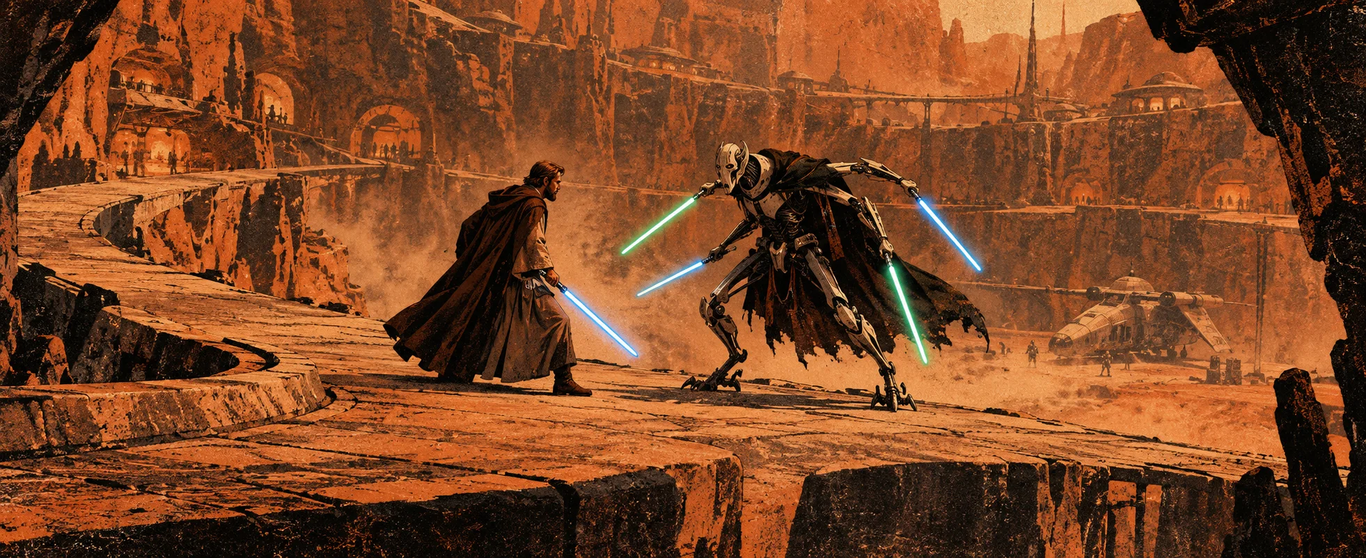 A robed swordsman with a blue blade faces a four-armed cyborg general wielding green blades on a walkway in a vast orange sinkhole city.