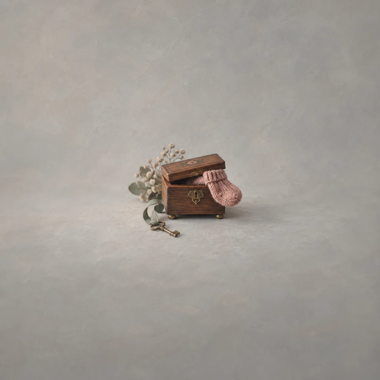 An open wooden box holds a pink knitted sock, with pale flowers and a key on a ribbon beside it.