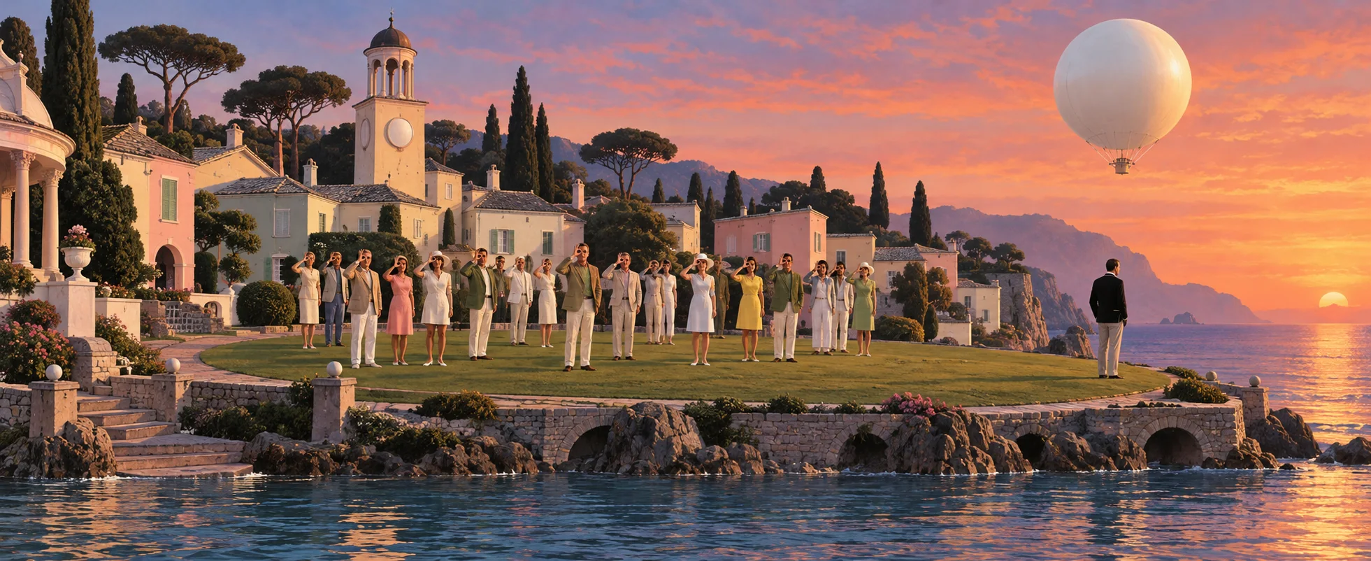 Villagers in light summer clothes stand on a green at sunset raising a hand in salute, a white balloon over the rooftops and a lone man in black apart from them.