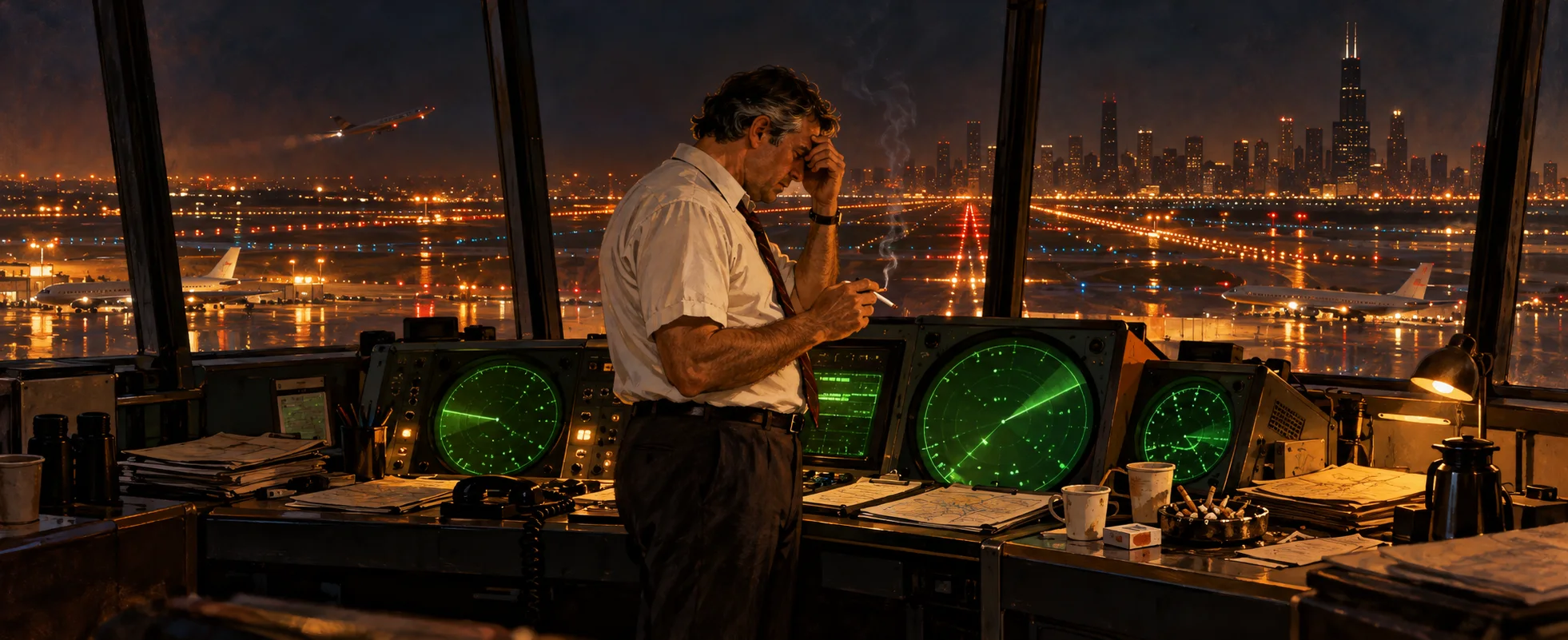 A harried air-traffic chief rubs his forehead at a radar console in a night-time control tower, a cigarette in his other hand.