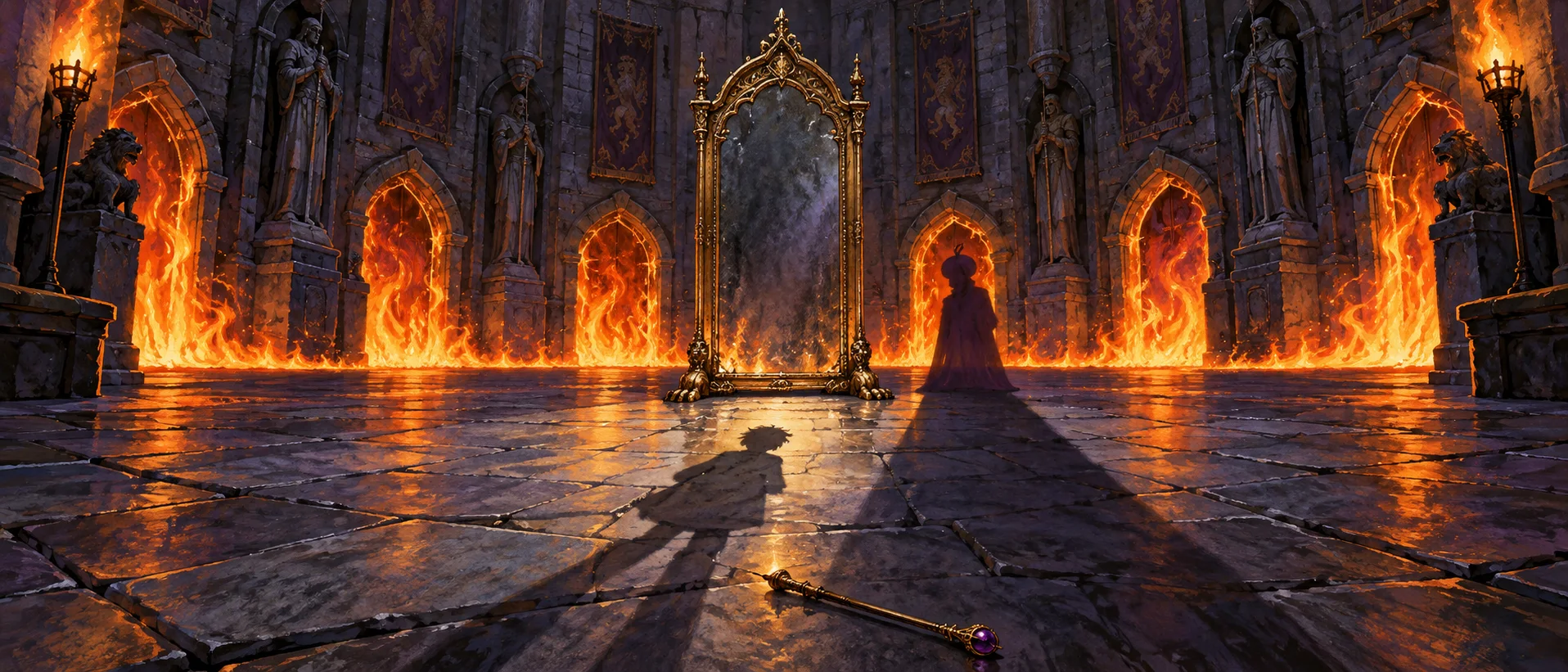 A gilded mirror stands at the centre of a torchlit stone chamber ringed with flames as a turbaned man's long shadow stretches across the floor.