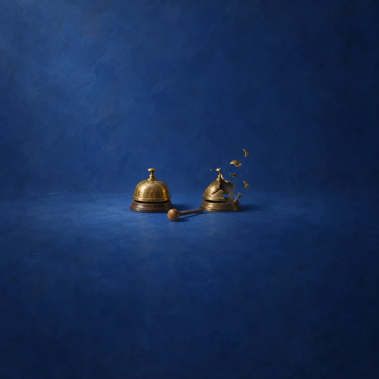 Painterly intact brass service bell beside a broken bell and loose striker on deep blue.