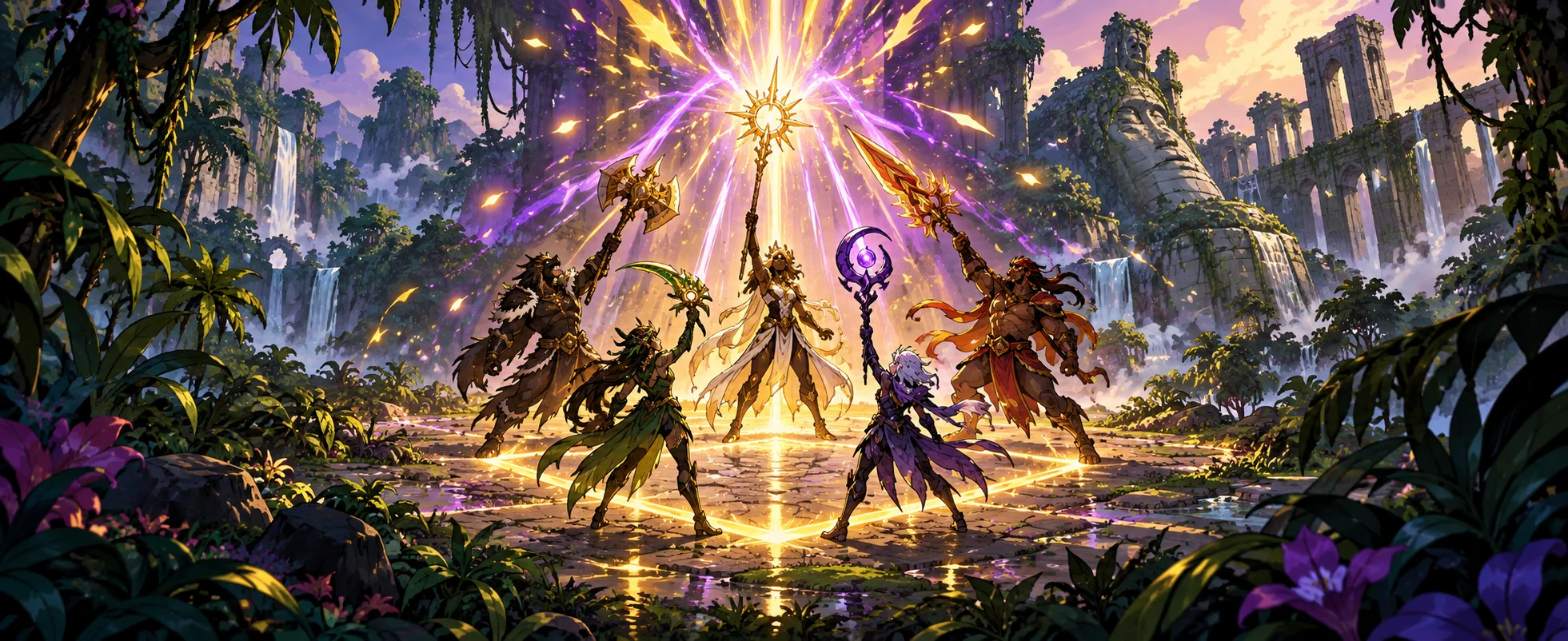 Five fantasy champions raise their weapons in a burst of golden light in a jungle clearing.