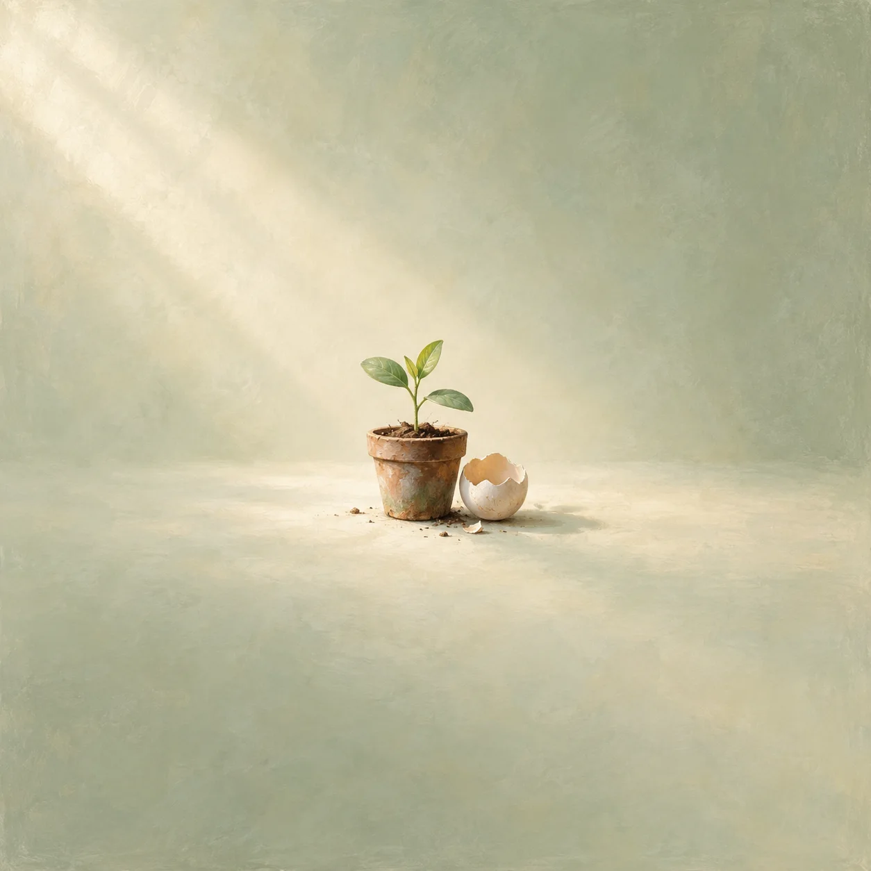 A tiny potted seedling stands beside a broken eggshell in soft morning light.