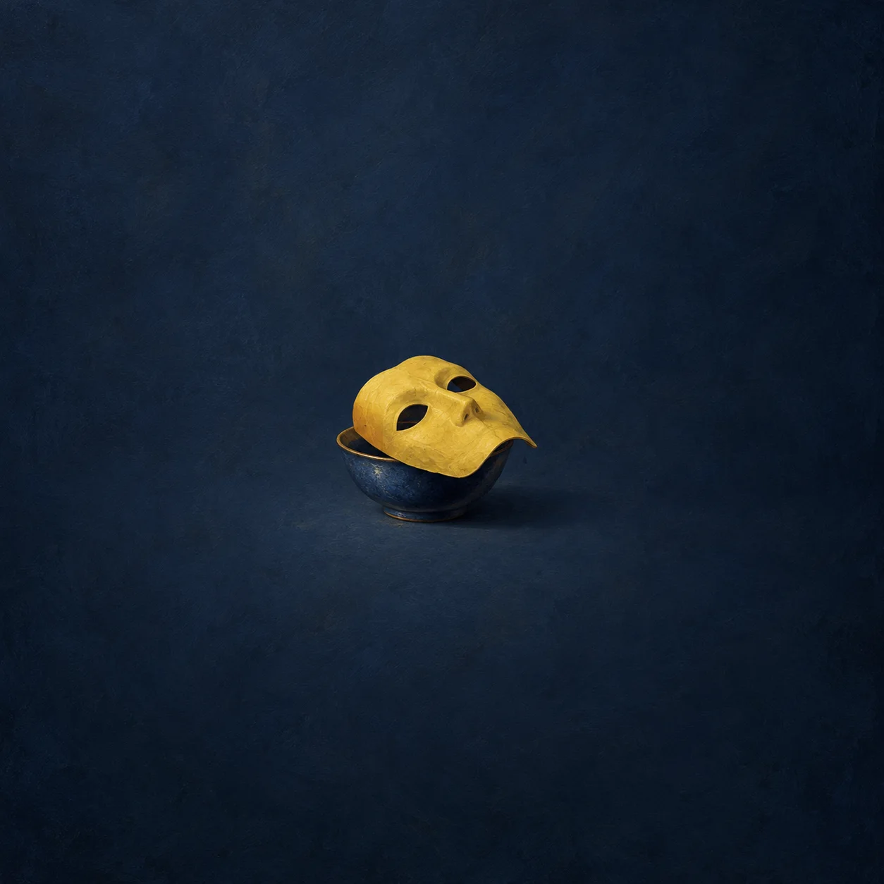 A yellow mask resting across a small dark blue bowl against a deep blue background.