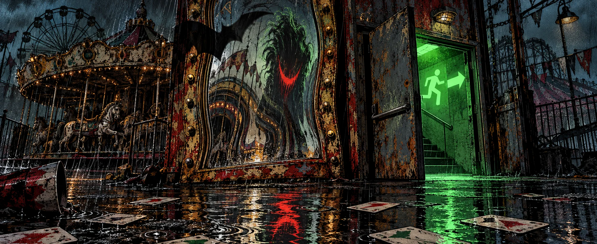 Comic illustration: a rusting funfair mirror reflects a green-haired grinning figure with a red smile, beside an open emergency exit glowing green, a bat shape, a carousel and playing cards scattered across the rain-slick ground.