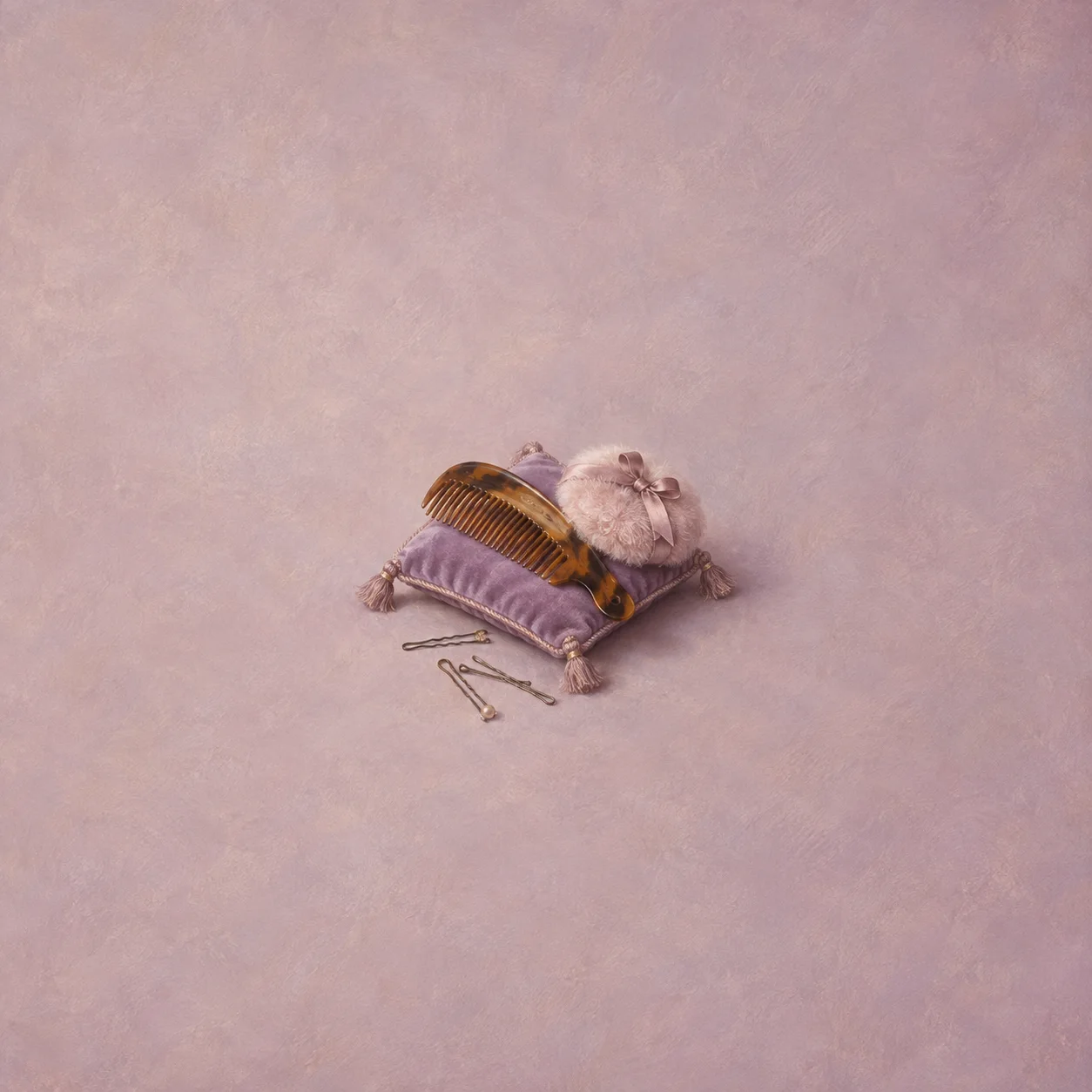 A comb and pink powder puff rest on a lavender cushion with hairpins scattered beside it.
