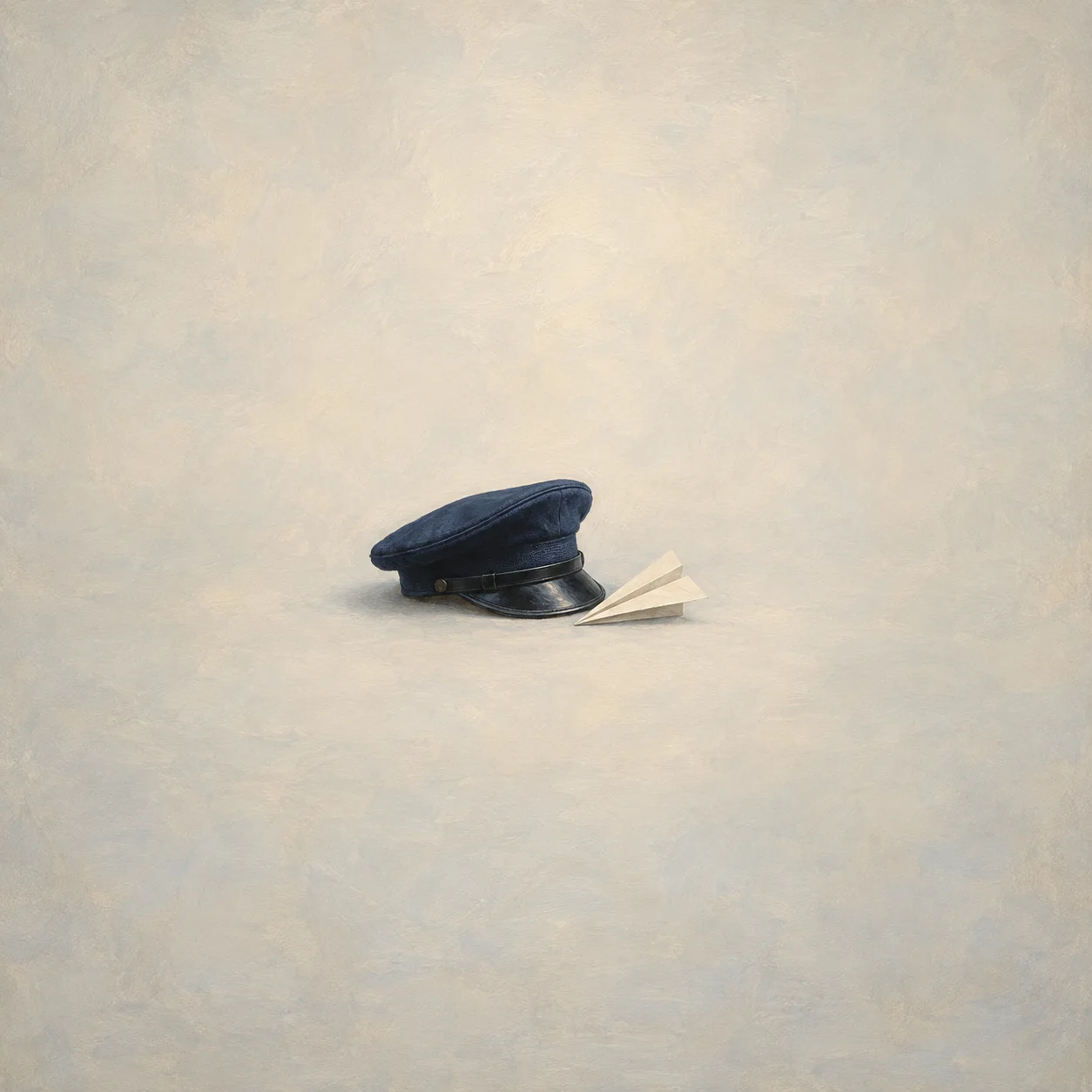 A dark blue peaked cap rests beside a small white paper airplane on a pale surface.