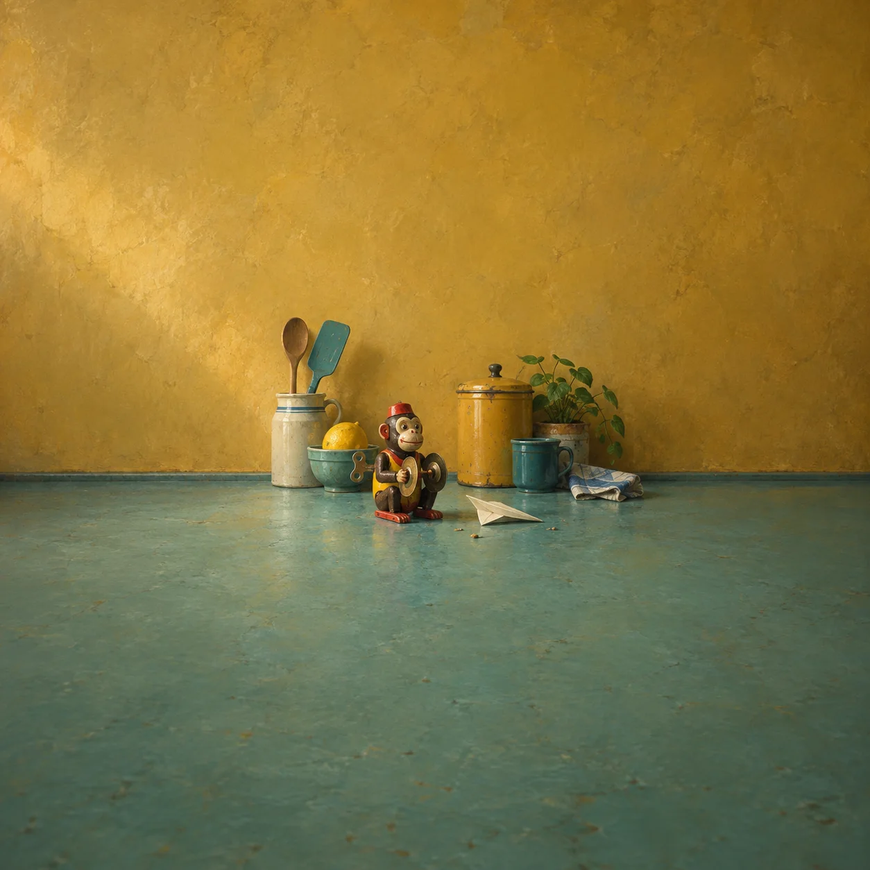 A small toy monkey and paper airplane sit among mugs, utensils and jars on a teal kitchen counter beneath a mustard-yellow wall.