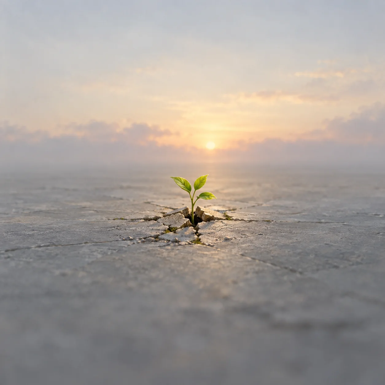 A small green seedling grows through cracked stone pavement beneath a pale sunrise.
